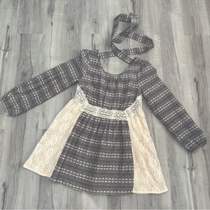 NWT RYU Dark Gray & Creme Lace Long Sleeve Dress Tie Back Neck Womens Size Large